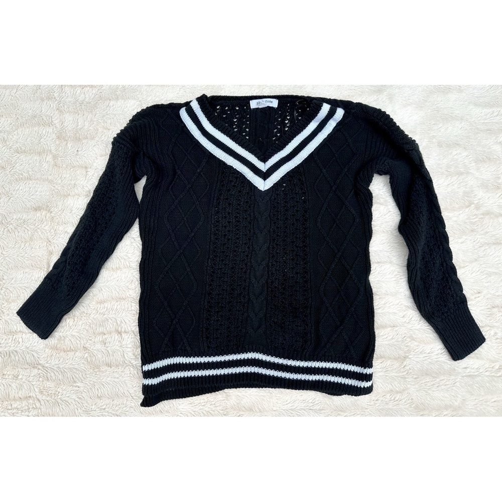 Pink Rose preppy V-neck open knit striped sweater